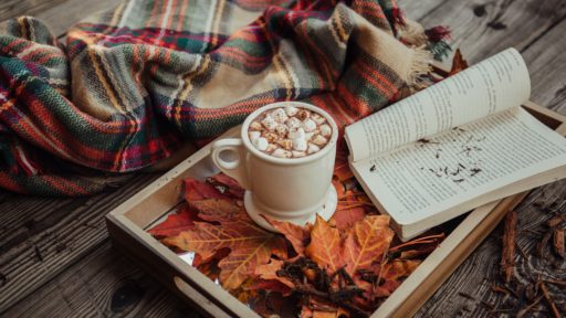 Cocoa and a book on a tray and a scarf