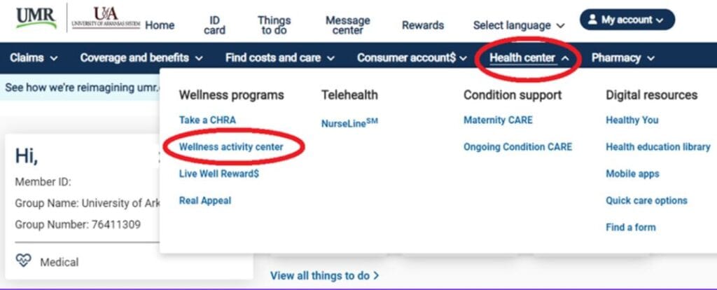 Screenshot of the drop down menu for the Health center in the UMR portal.