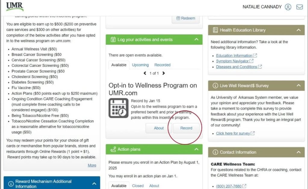 Screenshot of the Log Your Activities section on the Wellness Rewards page on umr.com