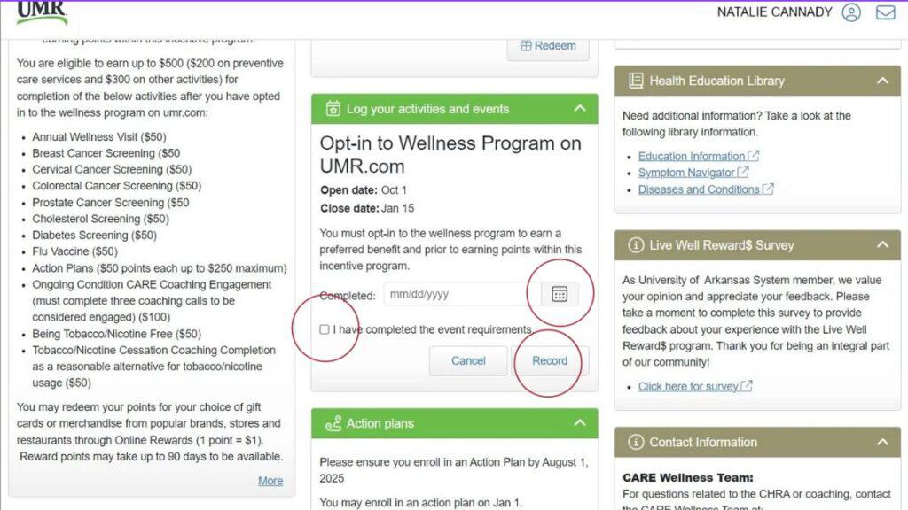 Screenshot of the Opt-in selection in the Log your activities and events on UMR.com